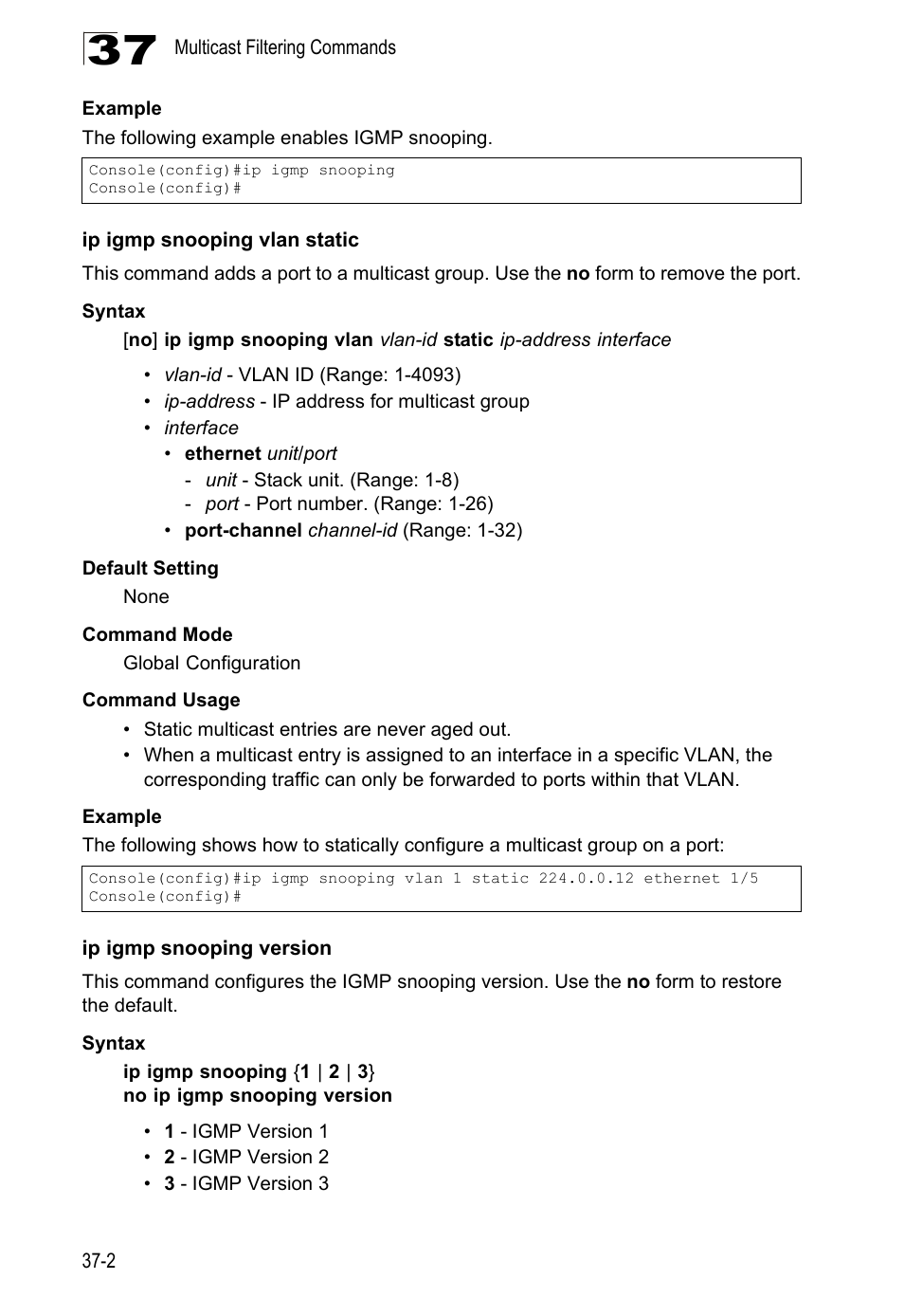 Ip igmp snooping vlan static, Ip igmp snooping version | LevelOne GTL-2690 User Manual | Page 635 / 789