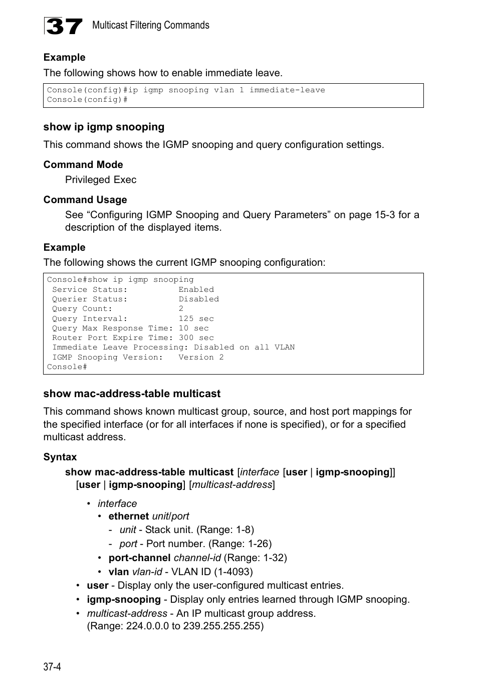 Show ip igmp snooping, Show mac-address-table multicast | LevelOne GTL-2690 User Manual | Page 637 / 789