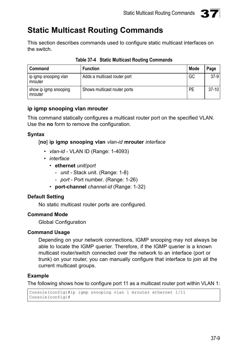 Static multicast routing commands, Ip igmp snooping vlan mrouter, Table 37-4 | LevelOne GTL-2690 User Manual | Page 642 / 789