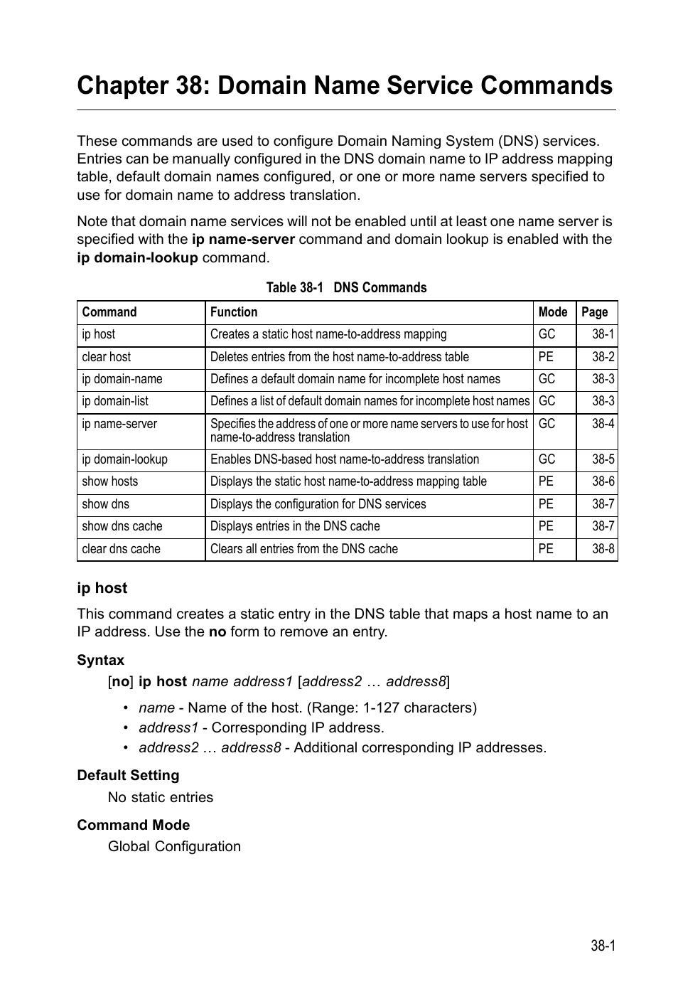 Chapter 38: domain name service commands, Ip host, Table 38-1 dns | Commands, Domain name service commands | LevelOne GTL-2690 User Manual | Page 644 / 789