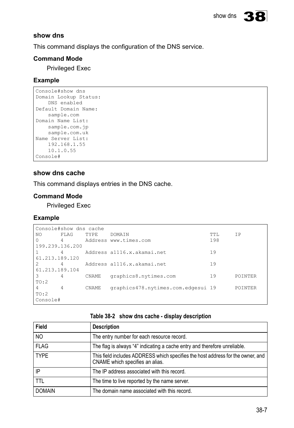 Show dns, Show dns cache, Table 38-2 | Show dns cache - display description | LevelOne GTL-2690 User Manual | Page 650 / 789