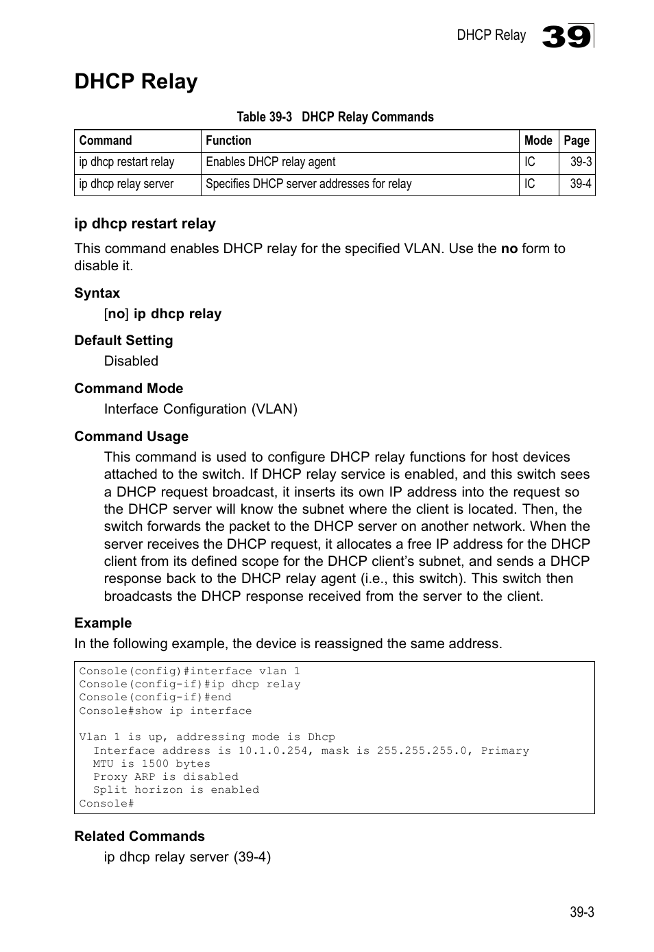 Dhcp relay, Ip dhcp restart relay, Table 39-3 dhcp | Relay, Commands | LevelOne GTL-2690 User Manual | Page 654 / 789