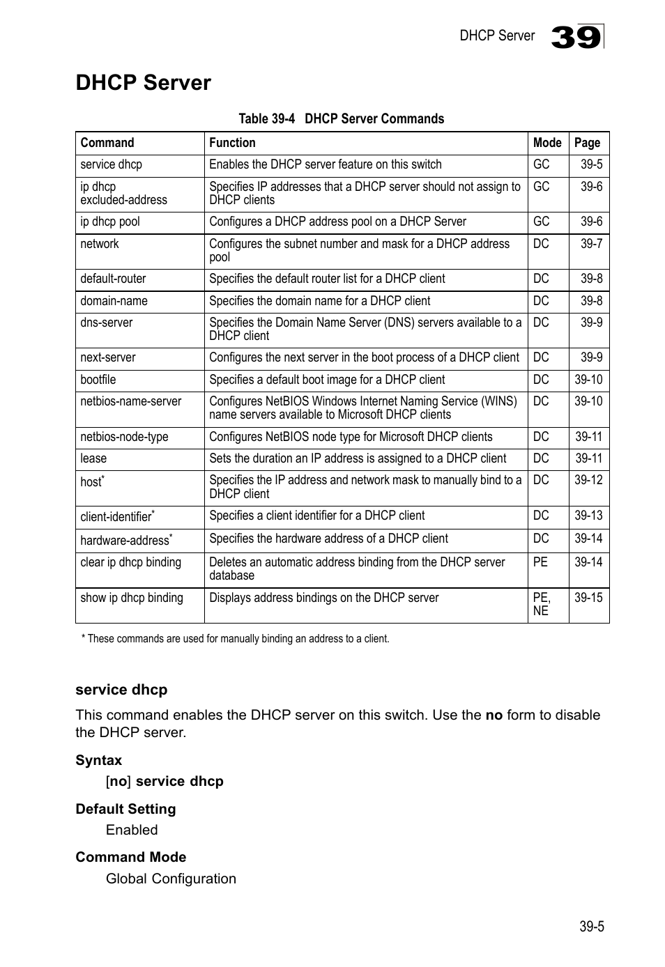 Dhcp server, Service dhcp, Table 39-4 | Dhcp server commands | LevelOne GTL-2690 User Manual | Page 656 / 789