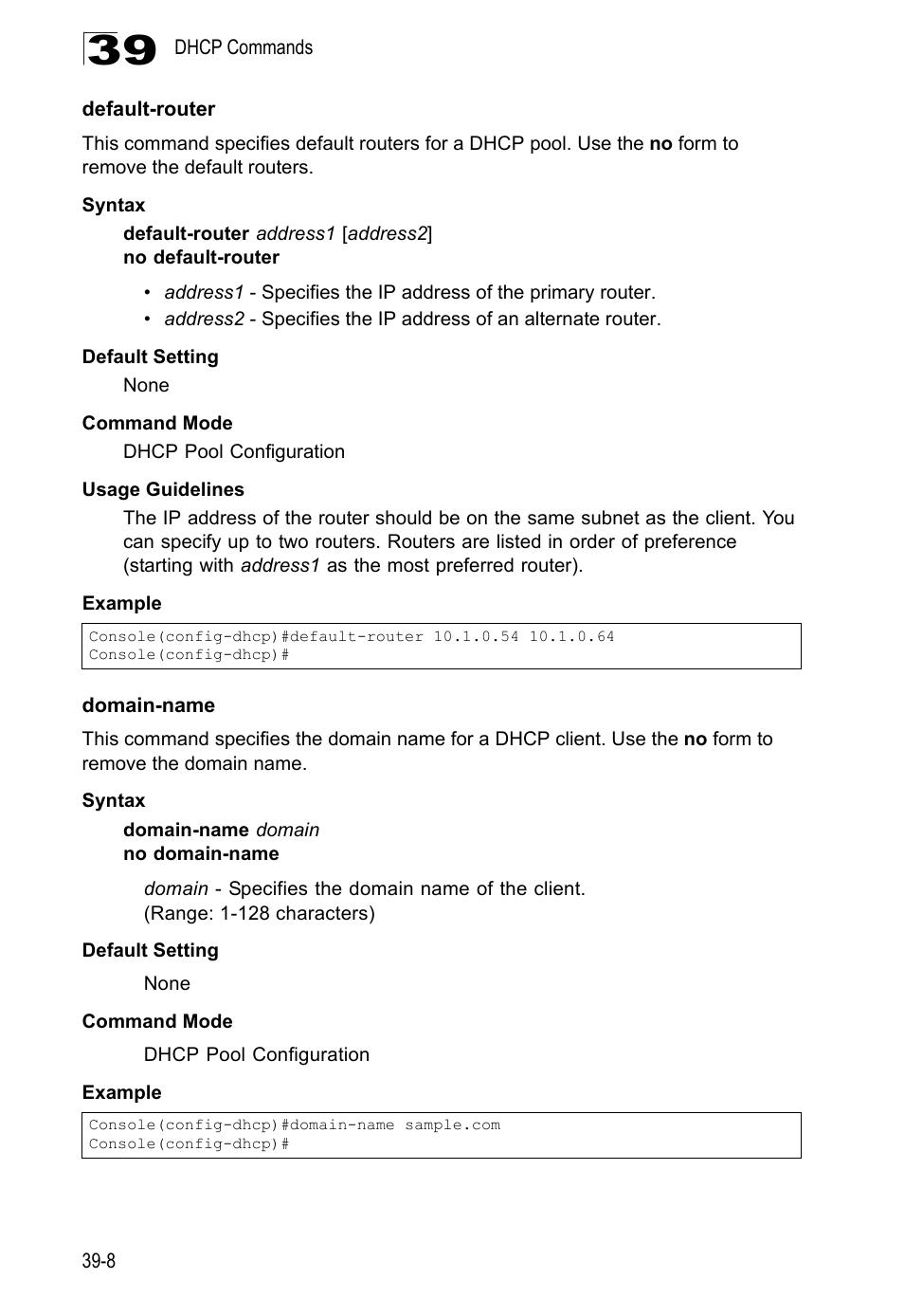 Default-router, Domain-name, Default-router 39-8 domain-name 39-8 | LevelOne GTL-2690 User Manual | Page 659 / 789