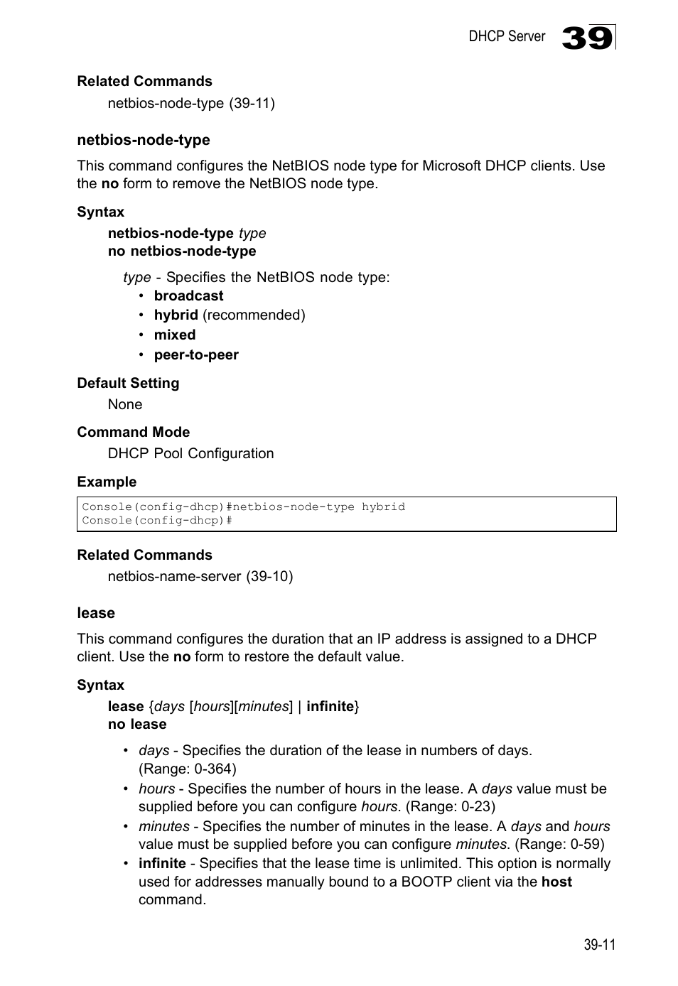 Netbios-node-type, Lease, Netbios-node-type 39-11 lease 39-11 | LevelOne GTL-2690 User Manual | Page 662 / 789