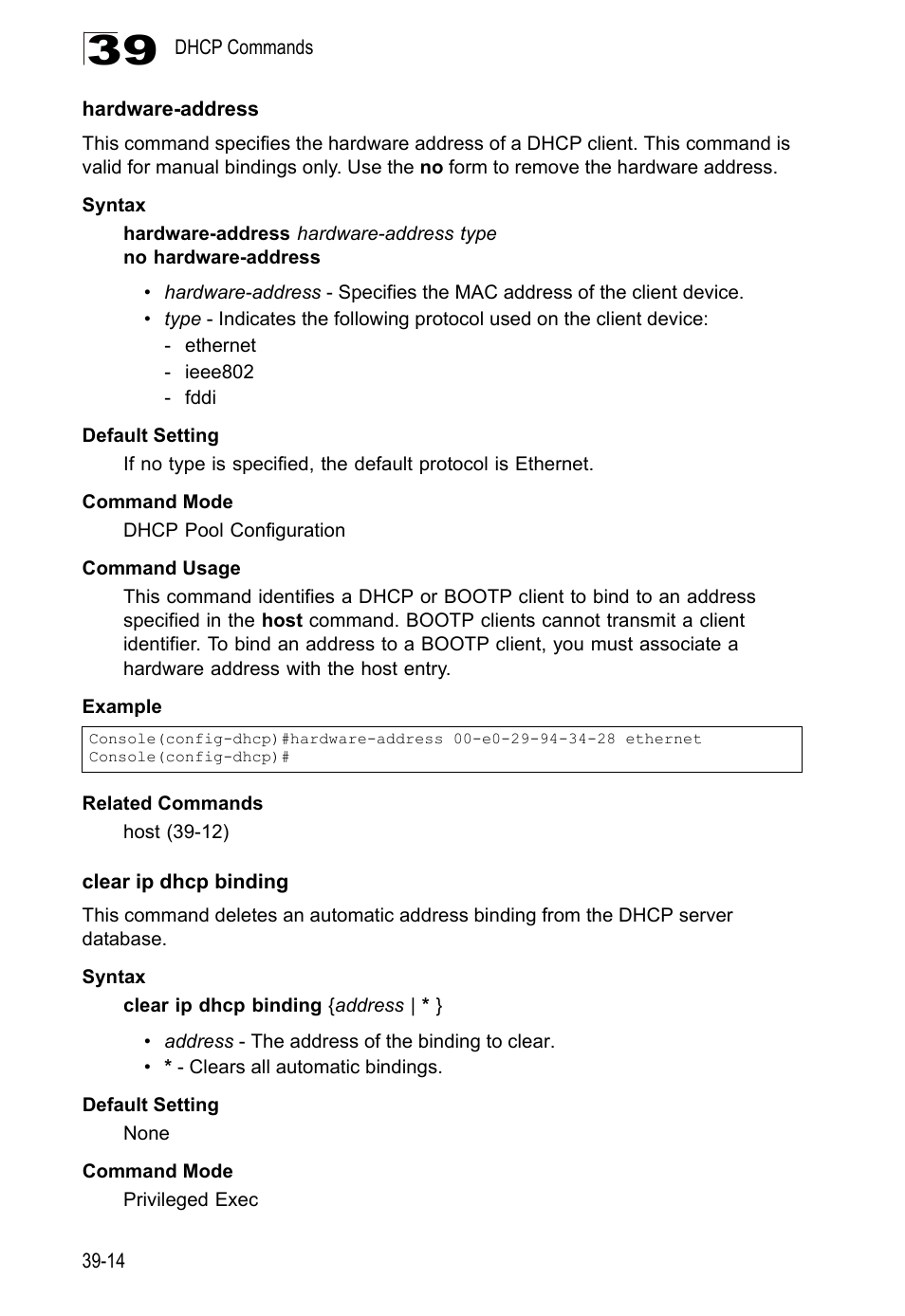 Hardware-address, Clear ip dhcp binding, Hardware-address 39-14 clear ip dhcp binding | LevelOne GTL-2690 User Manual | Page 665 / 789