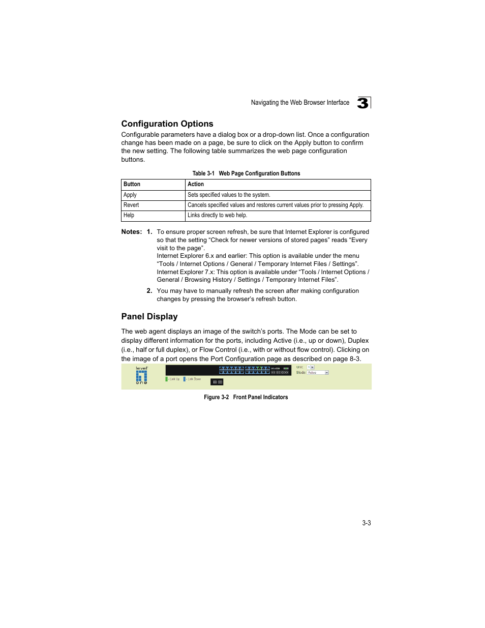 Configuration options, Panel display, Table 3-1 | Figure 3-2, Front panel indicators | LevelOne GTL-2690 User Manual | Page 67 / 789