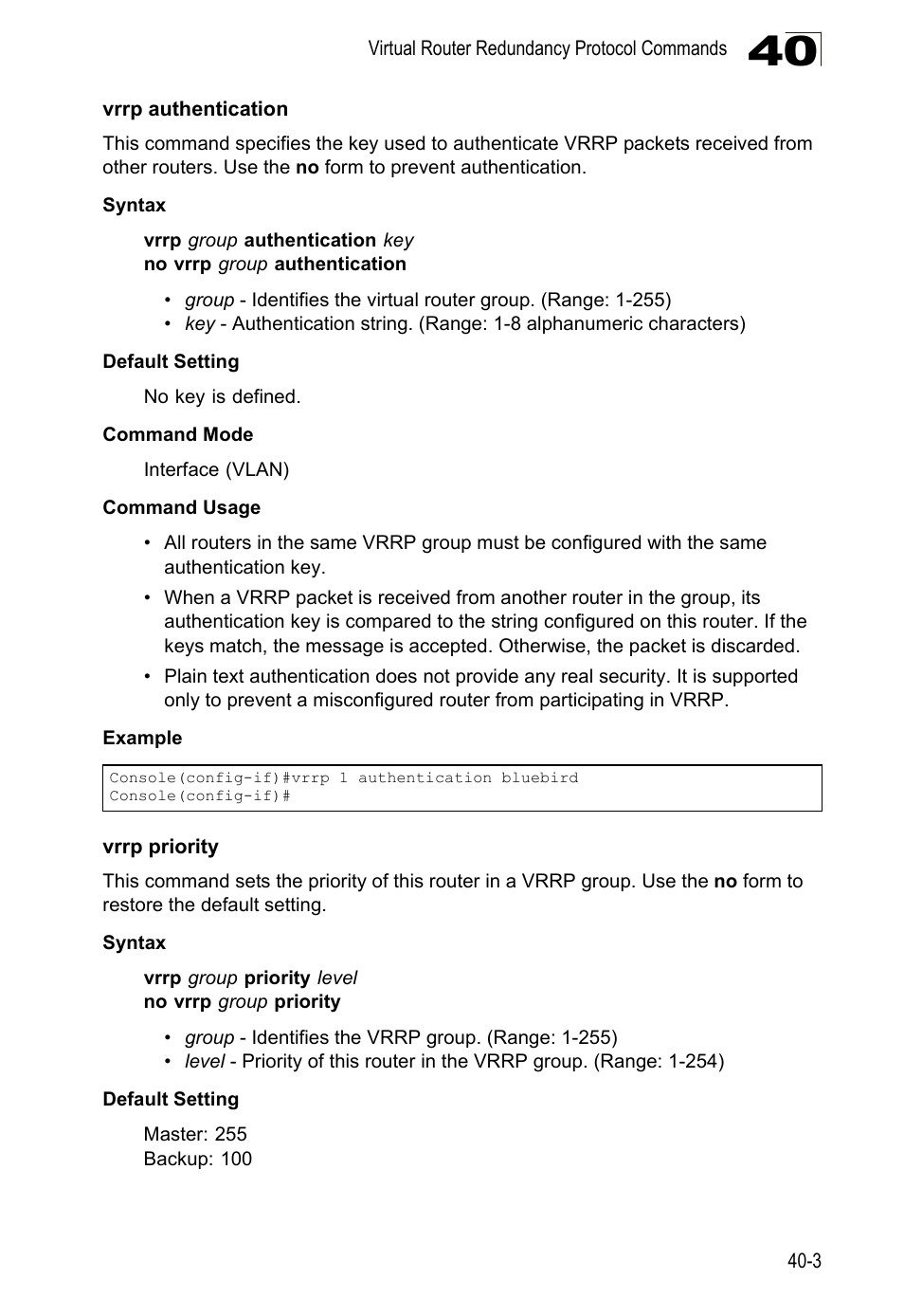 Vrrp authentication, Vrrp priority | LevelOne GTL-2690 User Manual | Page 670 / 789