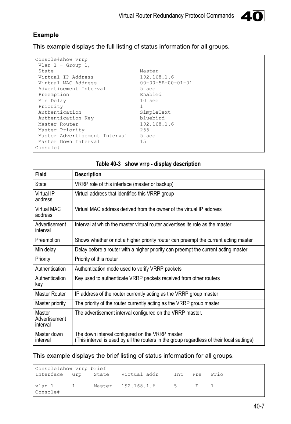 Table 40-3, Show vrrp - display description | LevelOne GTL-2690 User Manual | Page 674 / 789