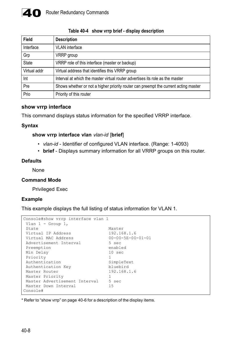 Show vrrp interface, Table 40-4, Show vrrp brief - display description | LevelOne GTL-2690 User Manual | Page 675 / 789