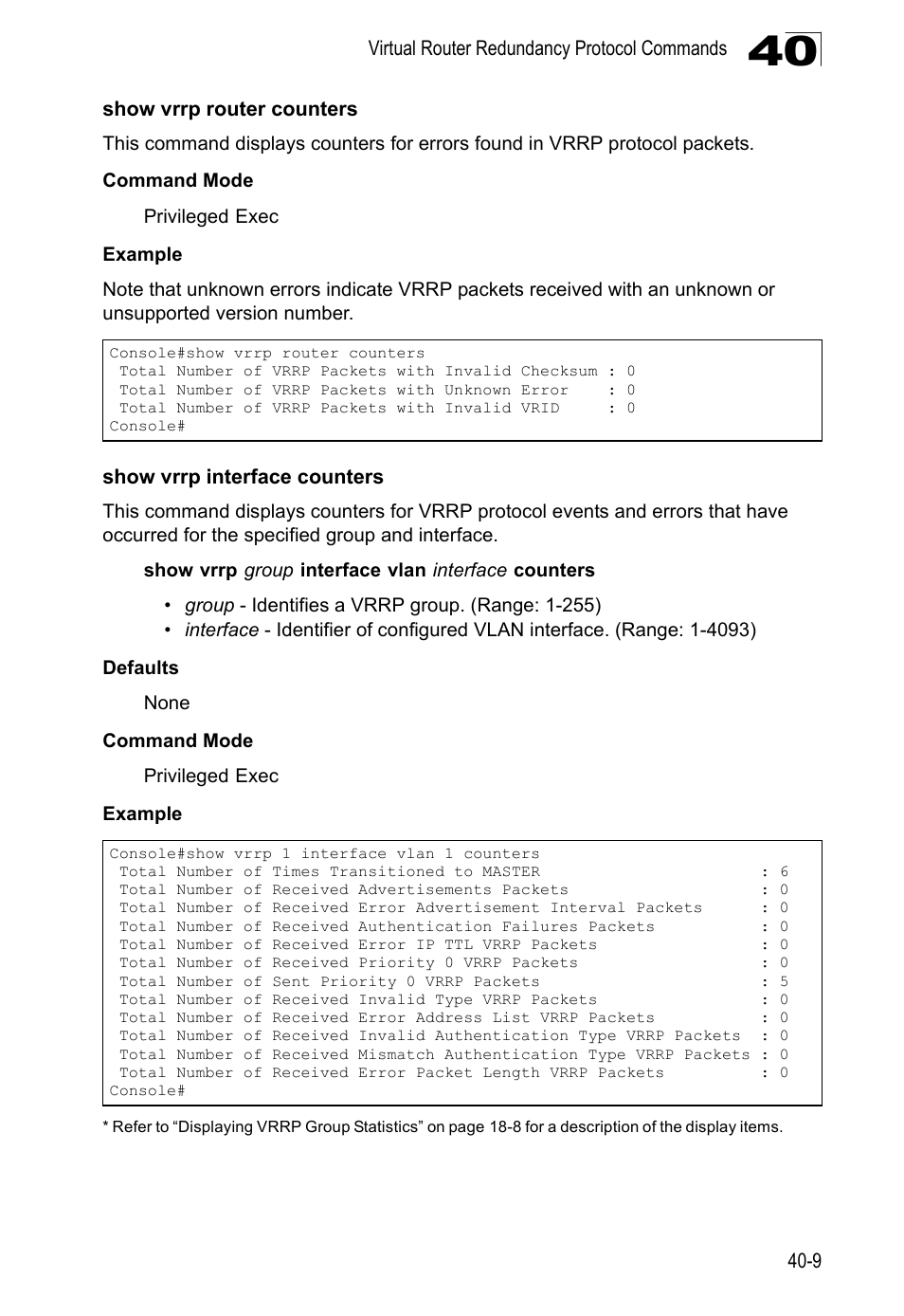 Show vrrp router counters, Show vrrp interface counters | LevelOne GTL-2690 User Manual | Page 676 / 789