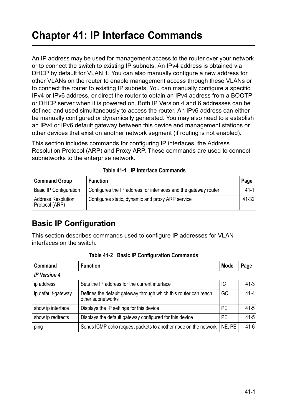 Chapter 41: ip interface commands, Basic ip configuration, Table 41-1 ip | Interface, Commands, Table 41-2, Basic ip configuration commands, Ip interface commands | LevelOne GTL-2690 User Manual | Page 678 / 789