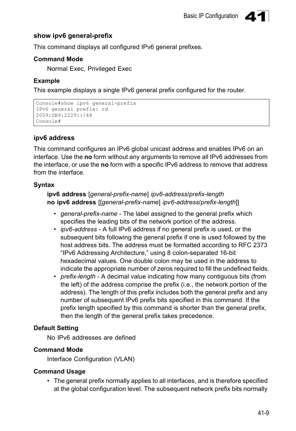 Show ipv6 general-prefix, Ipv6 address, Ipv6 address (41-9) | LevelOne GTL-2690 User Manual | Page 686 / 789