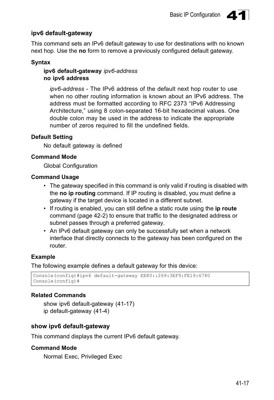 Ipv6 default-gateway, Show ipv6 default-gateway, Ipv6 default-gateway (41-17) | Show ipv6 default-gateway (41-17) | LevelOne GTL-2690 User Manual | Page 694 / 789
