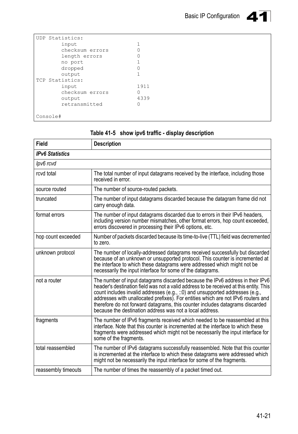 Table 41-5, Show ipv6 traffic - display description | LevelOne GTL-2690 User Manual | Page 698 / 789