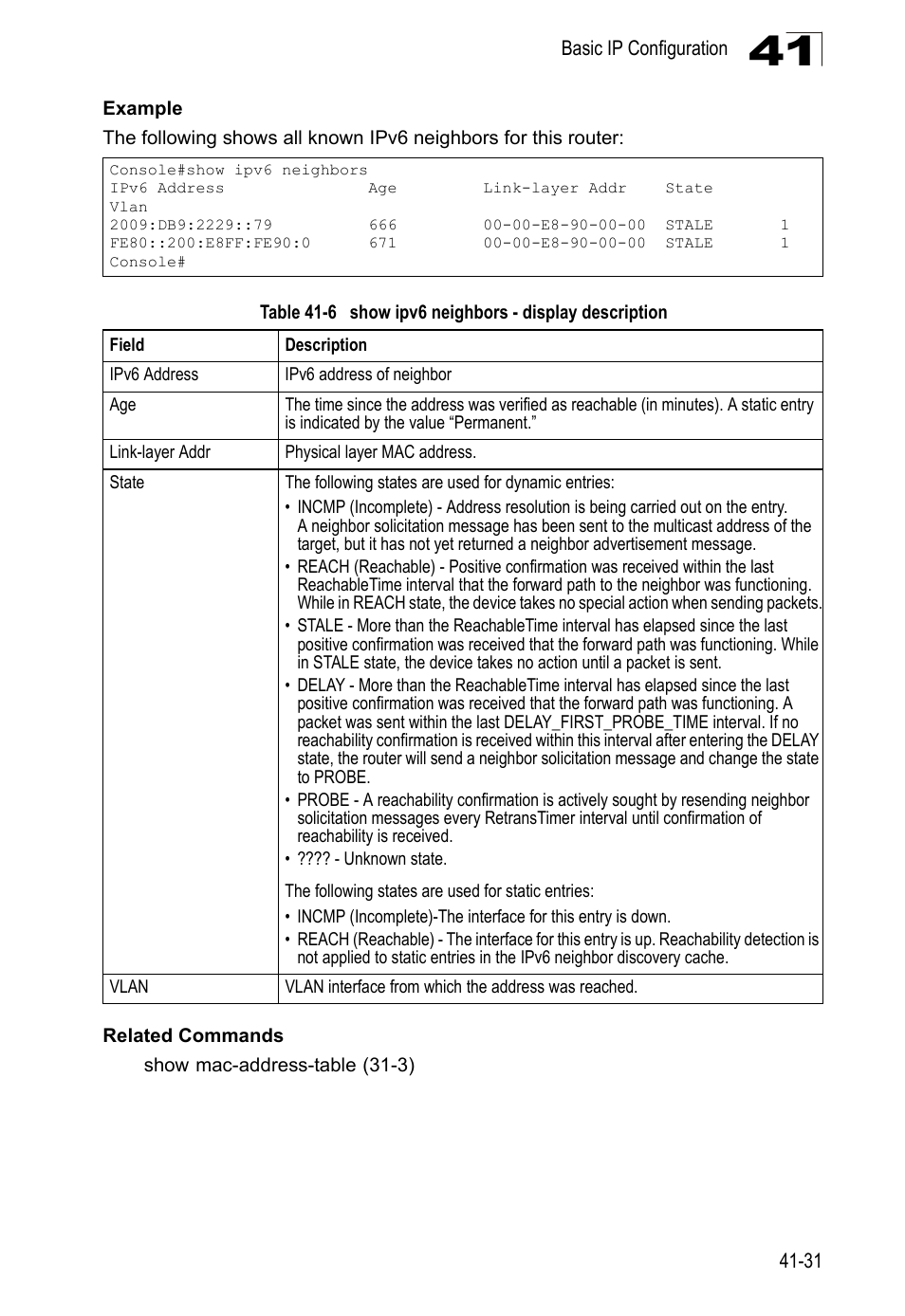 Table 41-6, Show ipv6 neighbors - display description | LevelOne GTL-2690 User Manual | Page 708 / 789