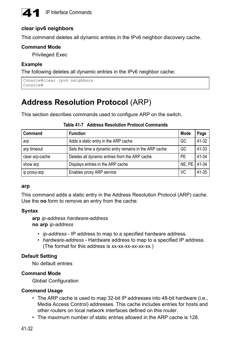 Clear ipv6 neighbors, Address resolution protocol (arp), Arp 41-32 | Table 41-7, Address resolution protocol commands | LevelOne GTL-2690 User Manual | Page 709 / 789
