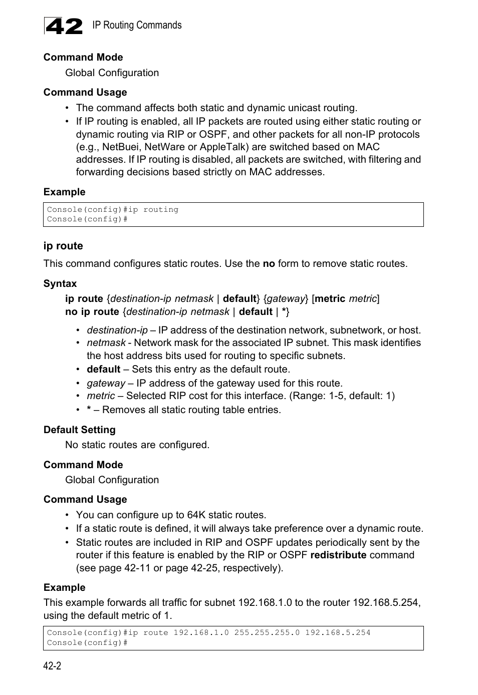 Ip route, Ip route (42-2) | LevelOne GTL-2690 User Manual | Page 715 / 789