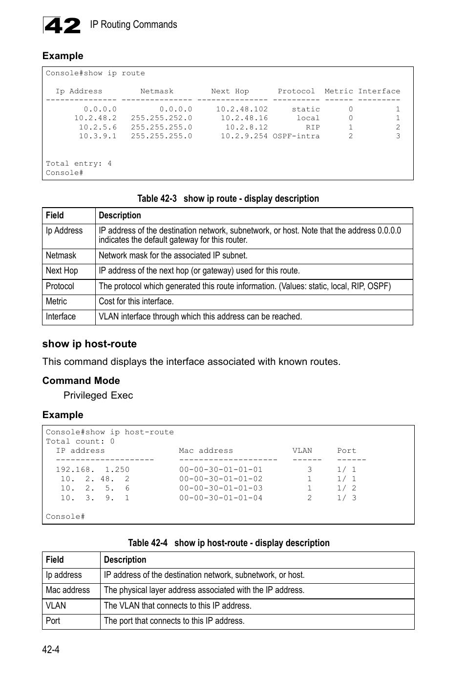 Show ip host-route, Table 42-3, Show ip route - display description | Table 42-4, Show ip host-route - display description | LevelOne GTL-2690 User Manual | Page 717 / 789