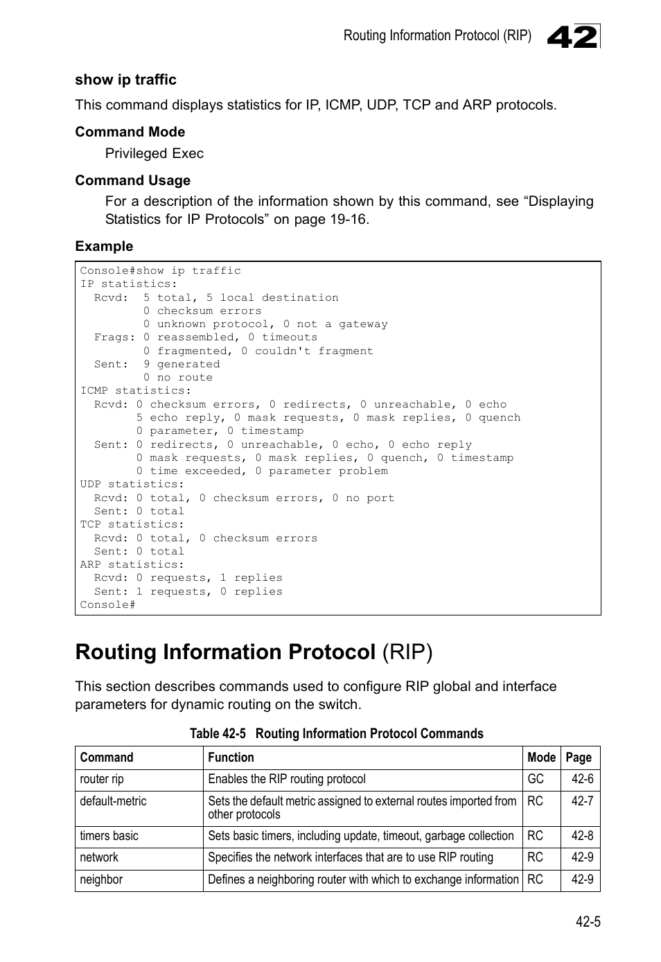 Show ip traffic, Routing information protocol (rip), Table 42-5 | Routing information protocol commands | LevelOne GTL-2690 User Manual | Page 718 / 789