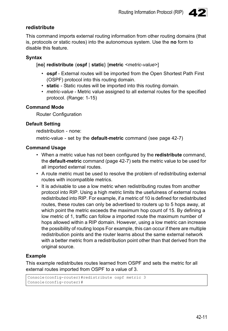 Redistribute, Redistribute 42-11 | LevelOne GTL-2690 User Manual | Page 724 / 789