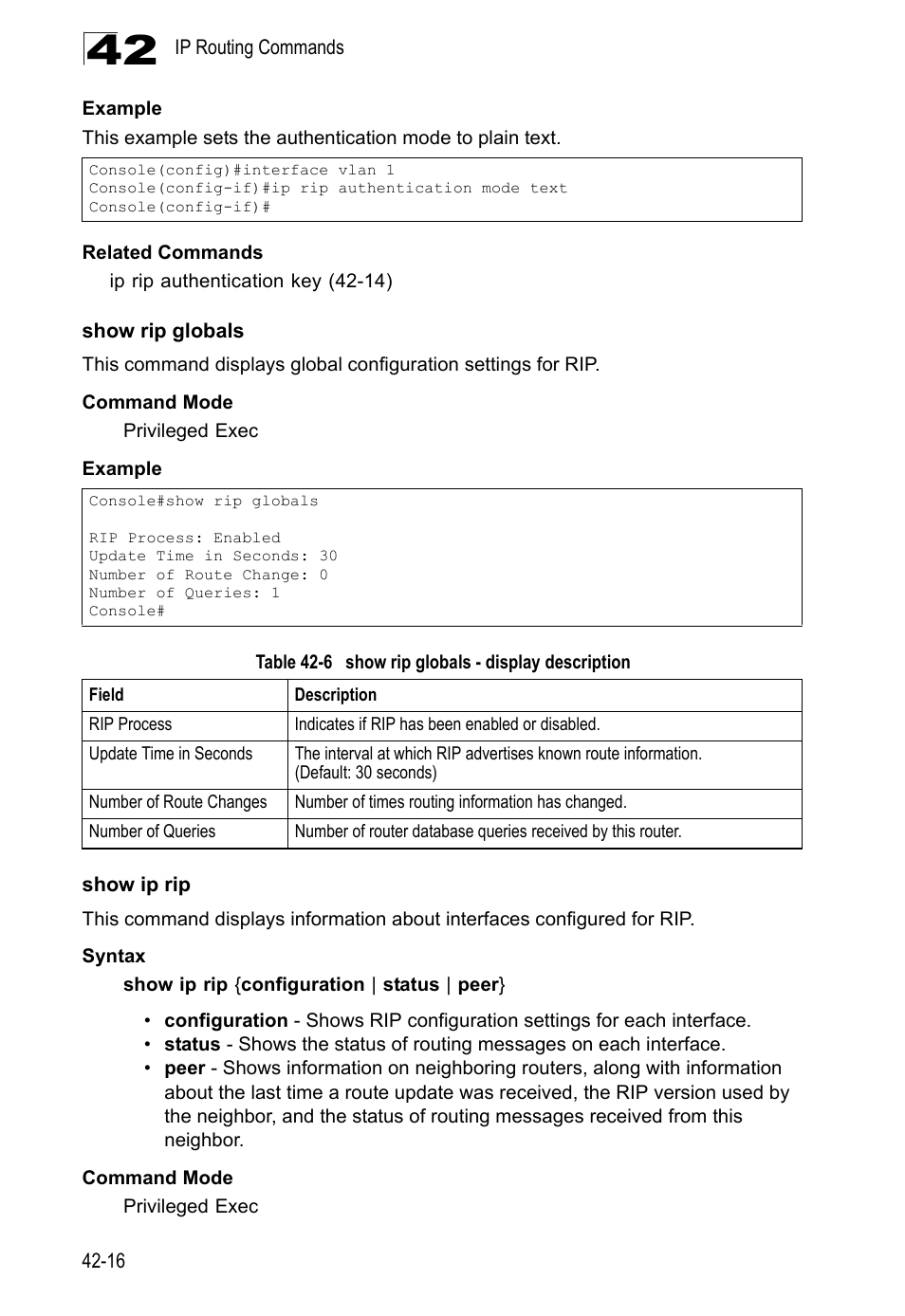 Show rip globals, Show ip rip, Table 42-6 | Show rip globals - display description | LevelOne GTL-2690 User Manual | Page 729 / 789