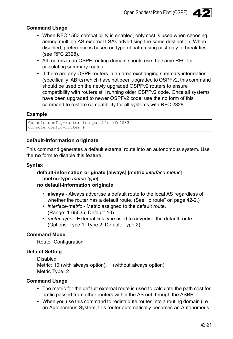Default-information originate | LevelOne GTL-2690 User Manual | Page 734 / 789