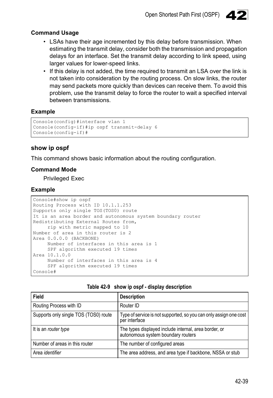 Show ip ospf, Table 42-9, Show ip ospf - display description | LevelOne GTL-2690 User Manual | Page 752 / 789