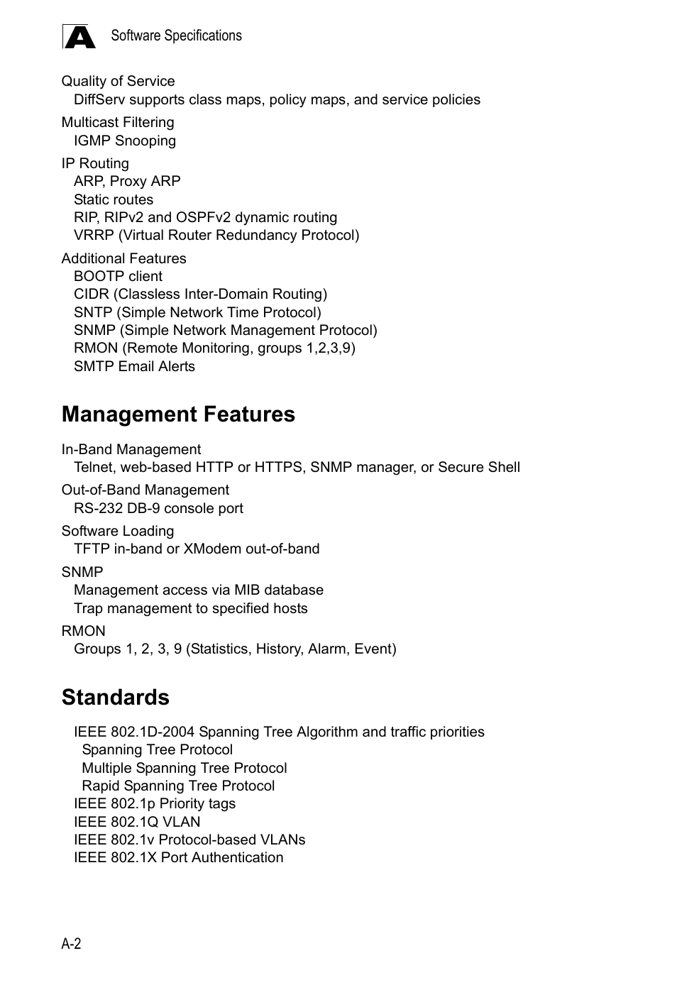 Management features, Standards, Standards a-2 | LevelOne GTL-2690 User Manual | Page 769 / 789