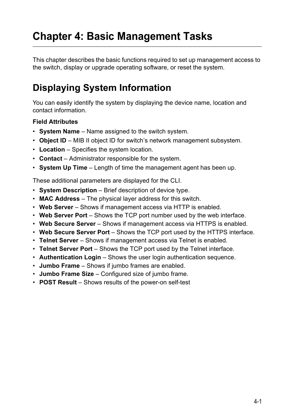 Chapter 4: basic management tasks, Displaying system information, Basic management tasks | LevelOne GTL-2690 User Manual | Page 77 / 789
