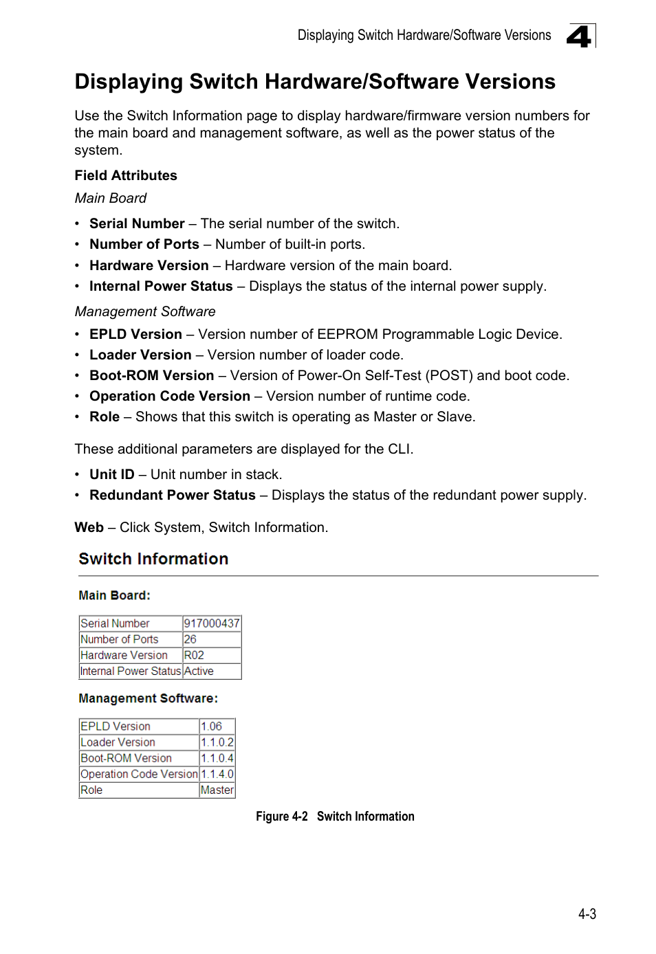 Displaying switch hardware/software versions, Figure 4-2, Switch information | LevelOne GTL-2690 User Manual | Page 79 / 789