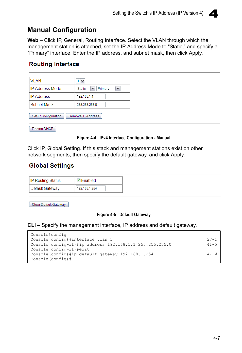 Manual configuration, Figure 4-4, Ipv4 interface configuration - manual | Figure 4-5, Default gateway | LevelOne GTL-2690 User Manual | Page 83 / 789