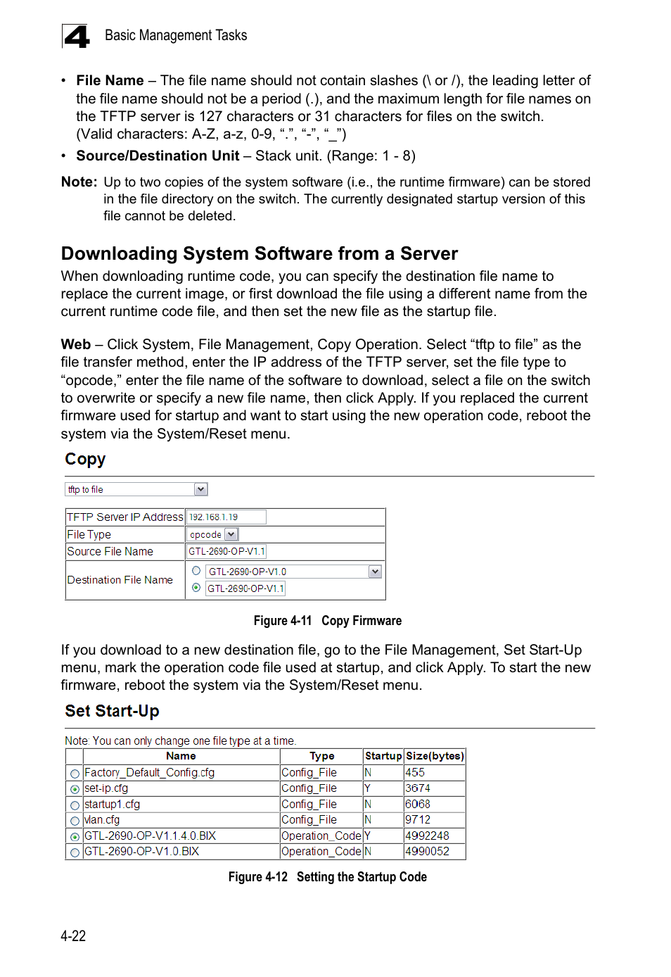 Downloading system software from a server, Figure 4-11, Copy firmware | Figure 4-12, Setting the startup code | LevelOne GTL-2690 User Manual | Page 98 / 789