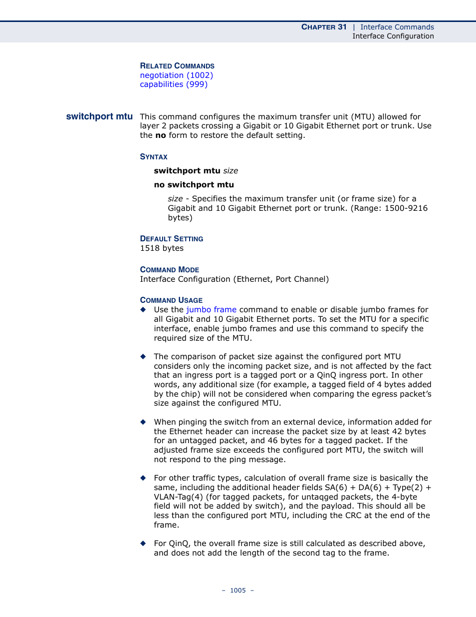 Switchport mtu, Switchport mtu (1005) | LevelOne GTL-2691 User Manual | Page 1005 / 1644