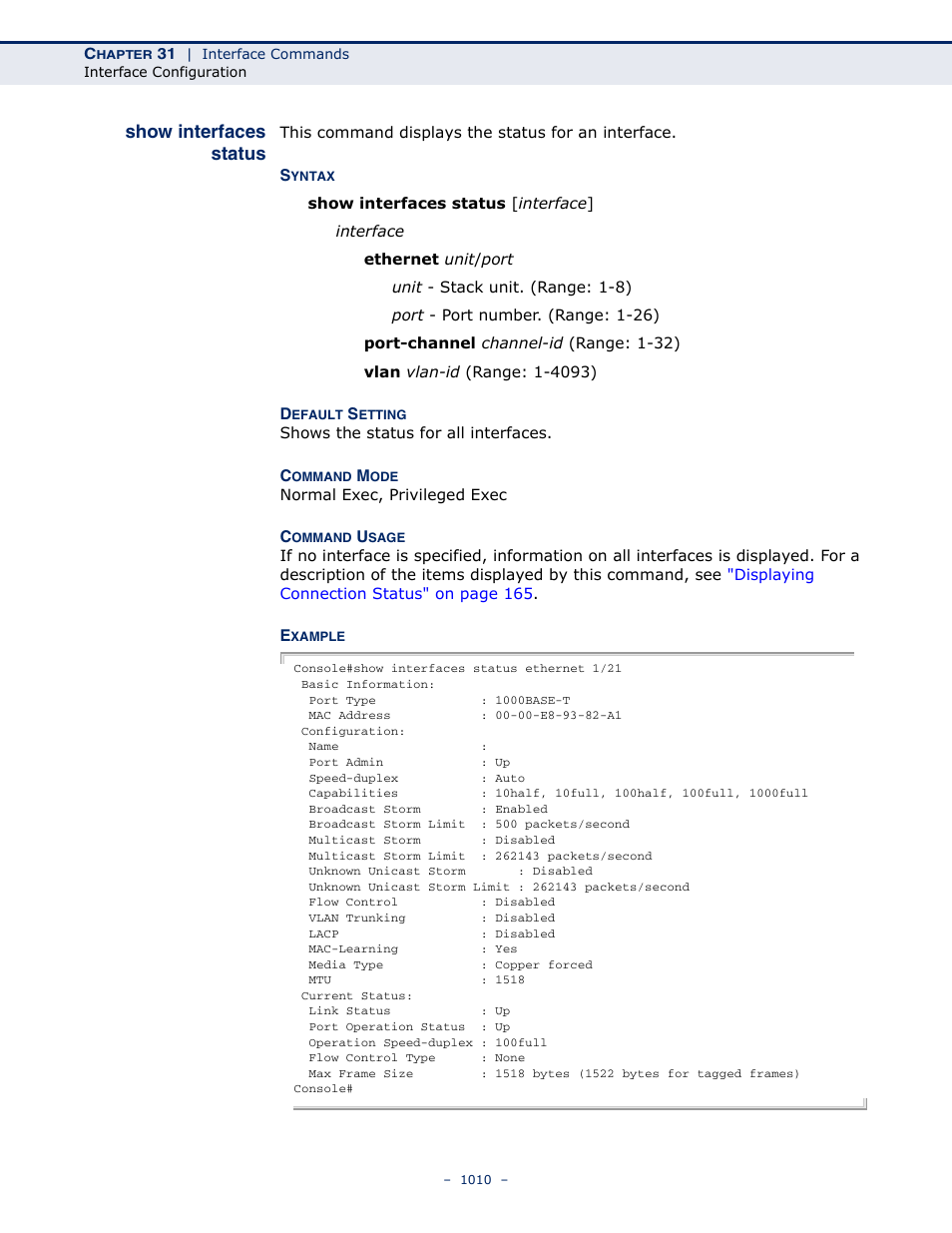 Show interfaces status, Show interfaces status (1010), Show interfaces | Status | LevelOne GTL-2691 User Manual | Page 1010 / 1644