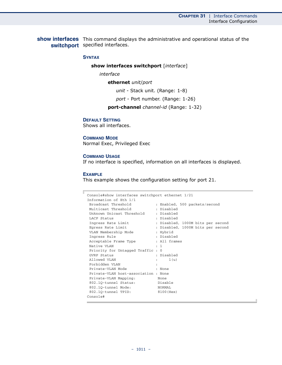 Show interfaces switchport, Show interfaces, Switchport | LevelOne GTL-2691 User Manual | Page 1011 / 1644
