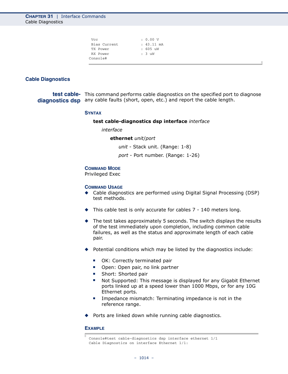 Cable diagnostics, Test cable- diagnostics dsp, Test cable-diagnostics dsp | LevelOne GTL-2691 User Manual | Page 1014 / 1644