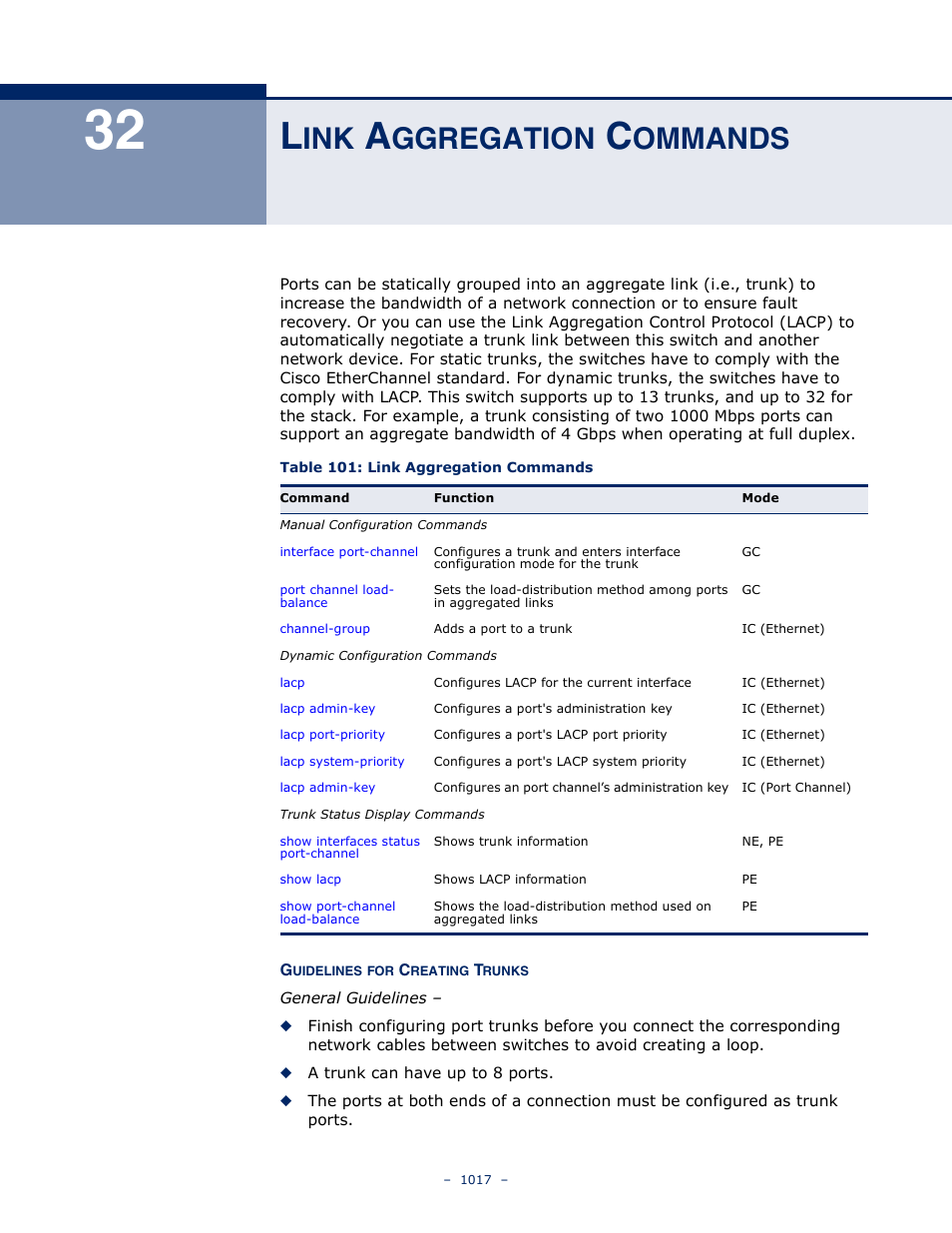 Link aggregation commands, 32 l, Ggregation | Ommands, Table 101: link aggregation commands | LevelOne GTL-2691 User Manual | Page 1017 / 1644