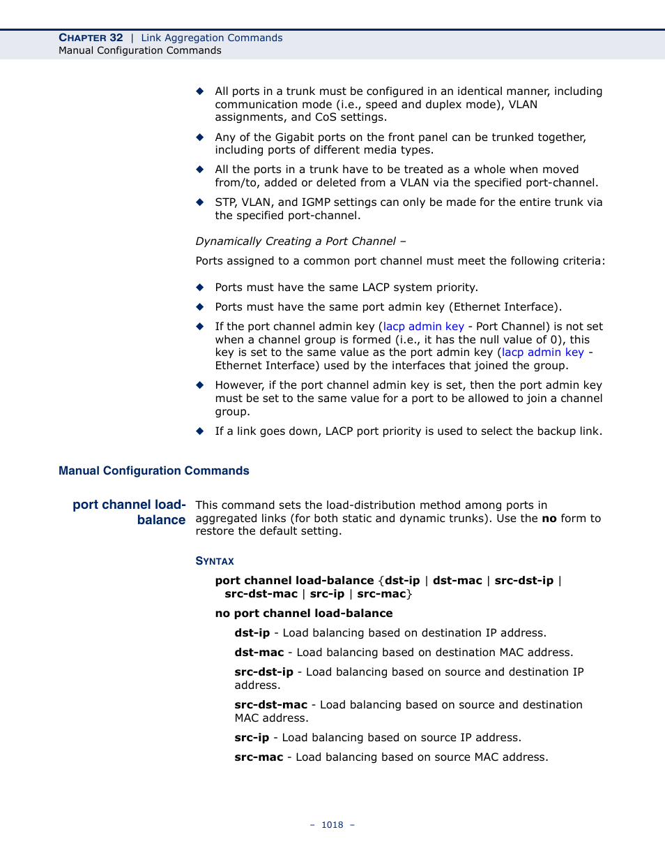Manual configuration commands, Port channel load- balance, Port channel load-balance | Port channel load, Balance | LevelOne GTL-2691 User Manual | Page 1018 / 1644