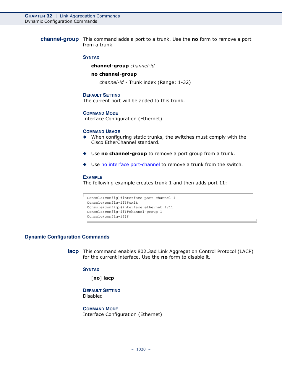 Channel-group, Dynamic configuration commands, Lacp | Lacp 1020 | LevelOne GTL-2691 User Manual | Page 1020 / 1644