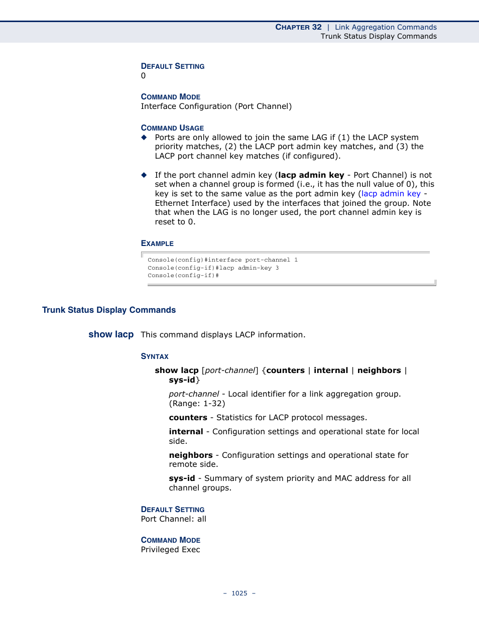 Trunk status display commands, Show lacp | LevelOne GTL-2691 User Manual | Page 1025 / 1644