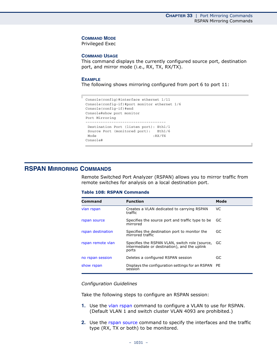 Rspan mirroring commands, Table 108: rspan commands, Rspan mirroring | Rspan m | LevelOne GTL-2691 User Manual | Page 1031 / 1644