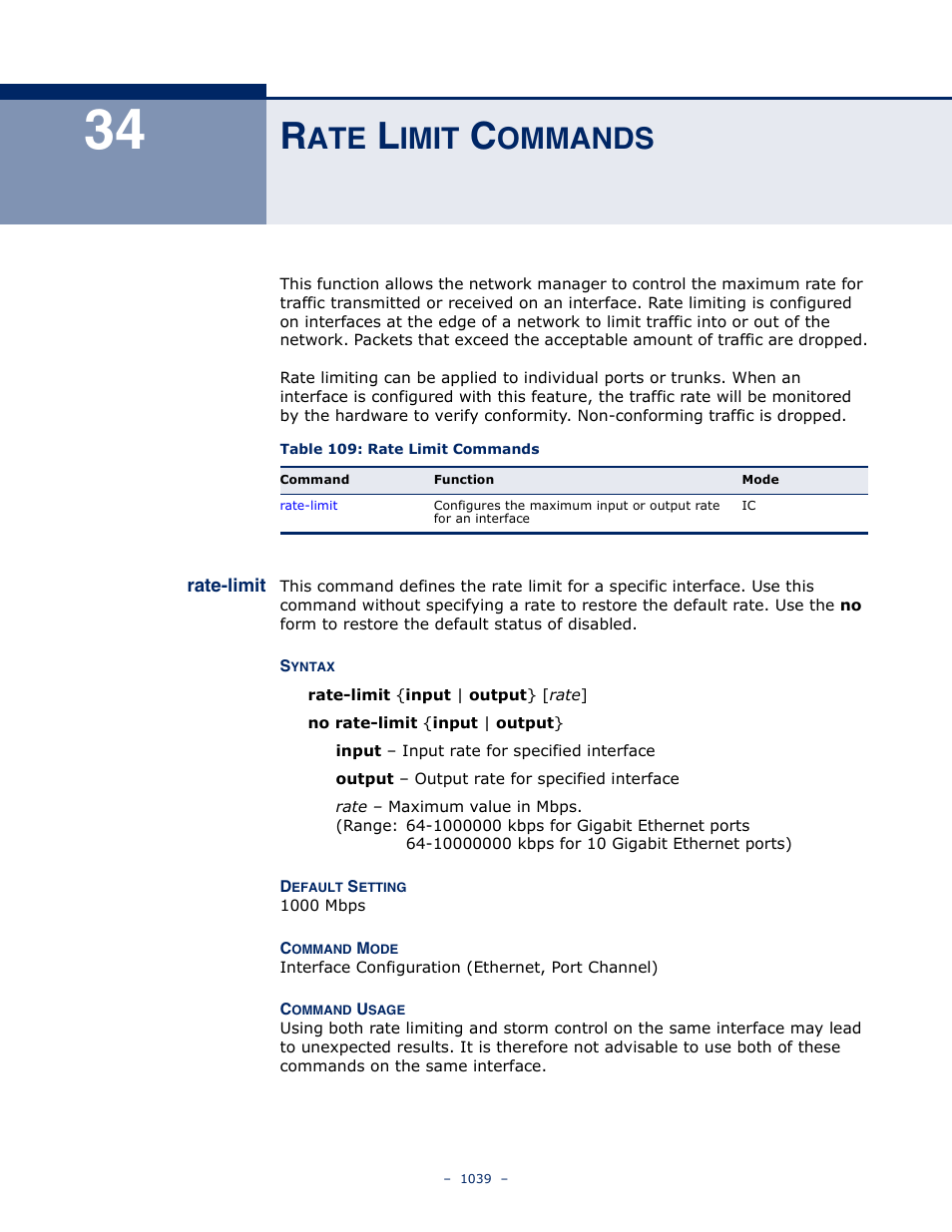 Rate limit commands, Rate-limit, 34 r | Imit, Ommands, Rate-limit 1039, Table 109: rate limit commands | LevelOne GTL-2691 User Manual | Page 1039 / 1644