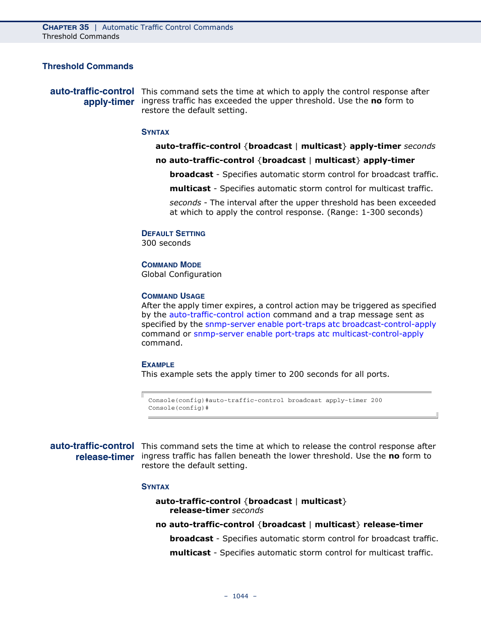 Threshold commands, Auto-traffic-control apply-timer, Auto-traffic-control release-timer | Auto-traffic-control, Apply-timer, Release-timer | LevelOne GTL-2691 User Manual | Page 1044 / 1644