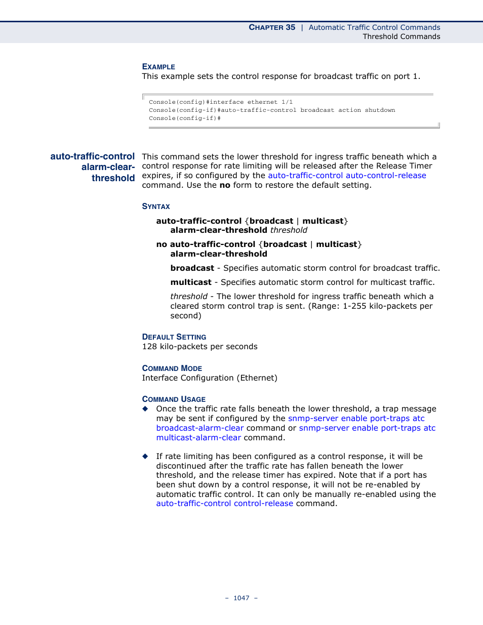 Auto-traffic-control alarm-clear- threshold, Auto-traffic-control alarm-clear-threshold, Auto-traffic-control | Alarm-clear-threshold, Auto, Traffic-control alarm-clear-threshold, Auto-traffic-control alarm-clear, Threshold | LevelOne GTL-2691 User Manual | Page 1047 / 1644