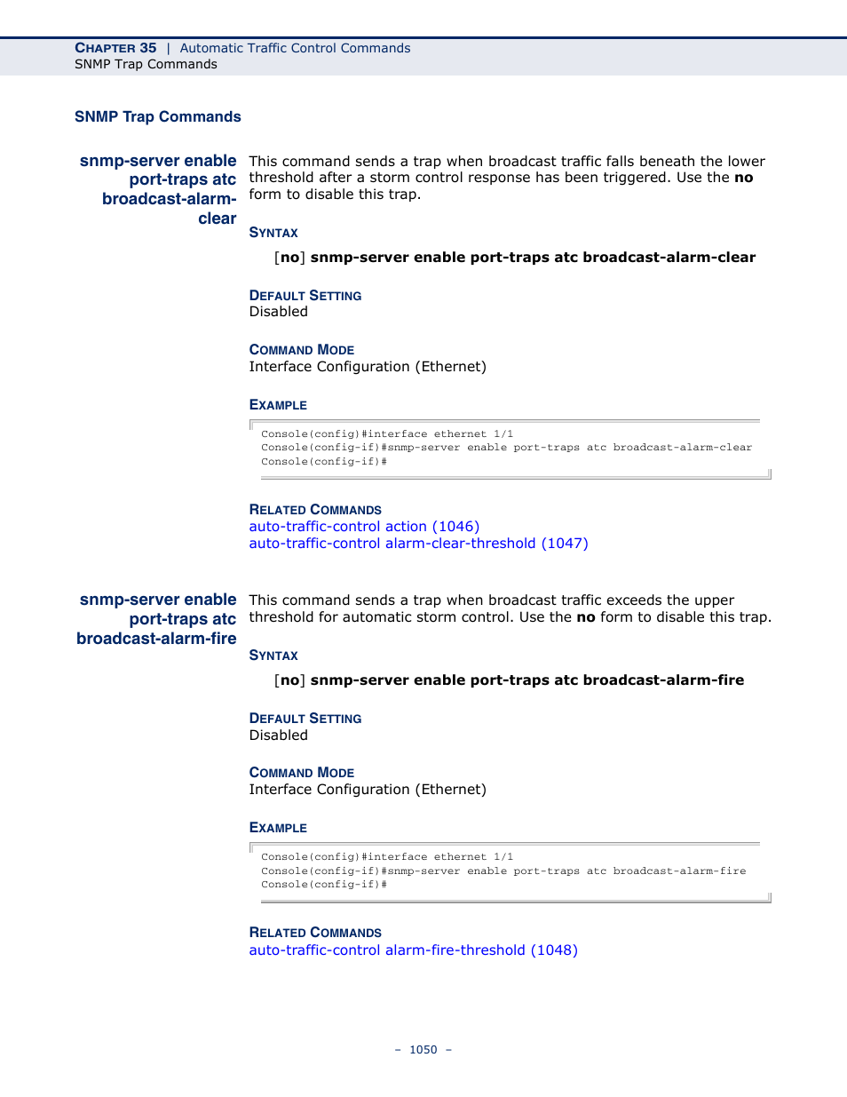 Snmp trap commands, Snmp-server enable port, Traps atc broadcast | Alarm-clear, Alarm-fire, Snmp-server enable, Port-traps atc, Broadcast-alarm-clear, Broadcast-alarm-fire, Snmp-server enable port-traps atc | LevelOne GTL-2691 User Manual | Page 1050 / 1644