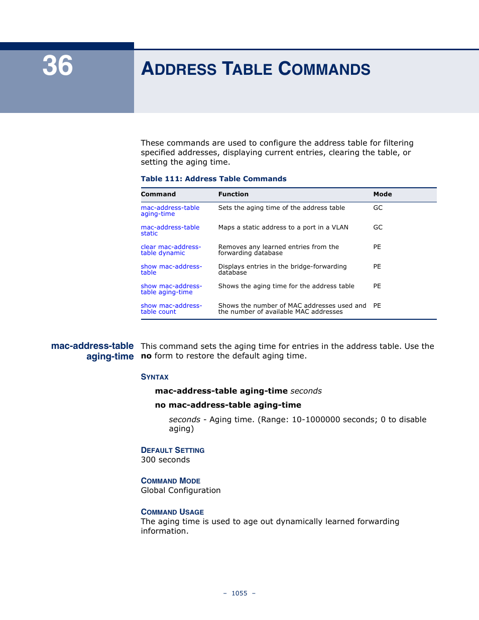 Address table commands, Mac-address-table aging-time, 36 a | Ddress, Able, Ommands, Table 111: address table commands, Address-table aging-time | LevelOne GTL-2691 User Manual | Page 1055 / 1644