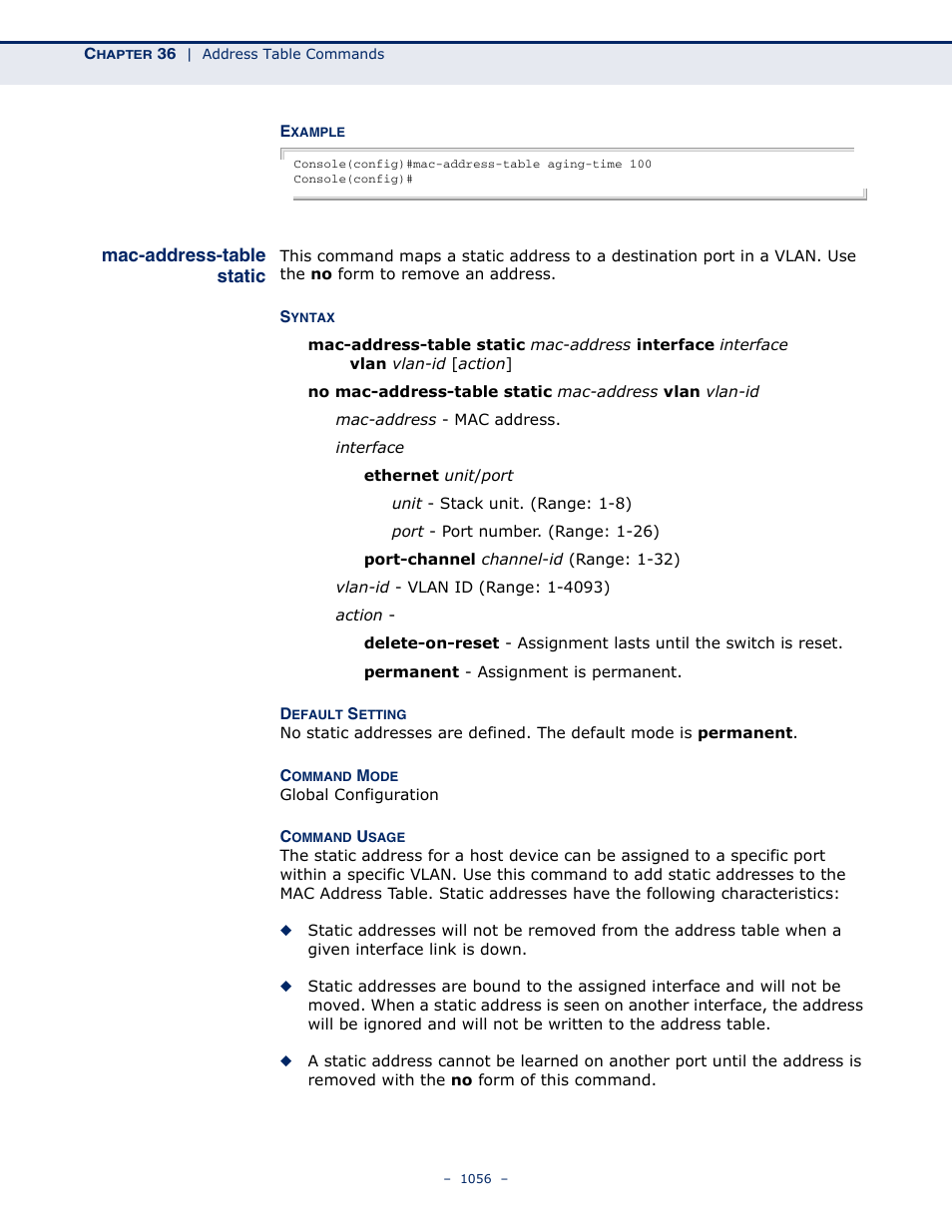 Mac-address-table static, Mac-address-table, Static | Mac-address-table static (1056) | LevelOne GTL-2691 User Manual | Page 1056 / 1644
