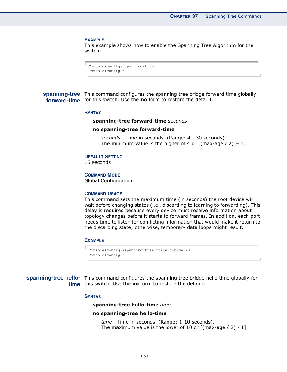 Spanning-tree forward-time, Spanning-tree hello- time, Spanning-tree hello-time | LevelOne GTL-2691 User Manual | Page 1063 / 1644