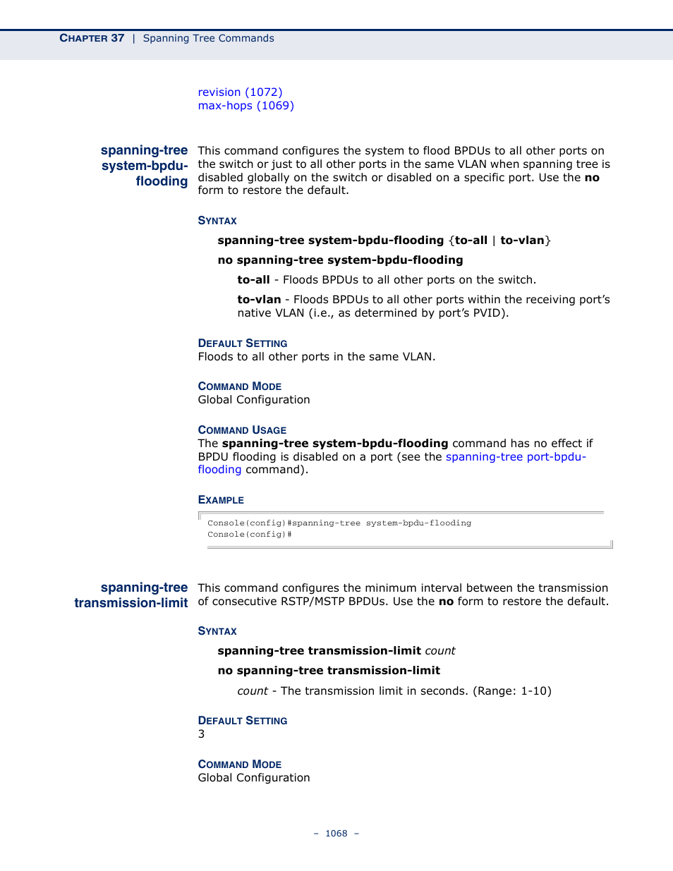 Spanning-tree system-bpdu- flooding, Spanning-tree transmission-limit, Spanning-tree system-bpdu-flooding | Spanning-tree system, Bpdu-flooding, Spanning-tree, Transmission-limit | LevelOne GTL-2691 User Manual | Page 1068 / 1644